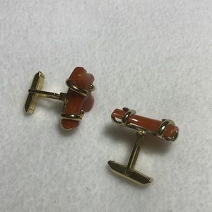 Vintage Red Jade Cuff links. 36 years old. Swank. Well preserved. Gold Tone wrap